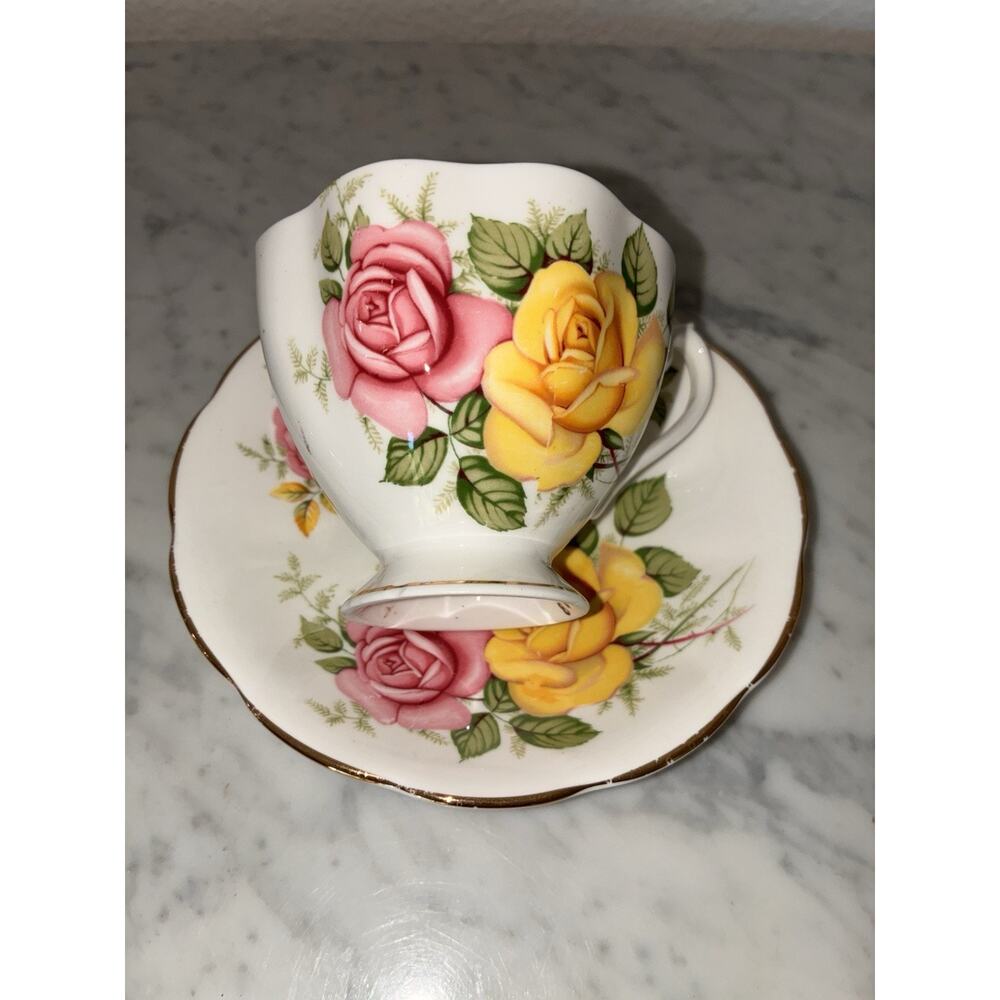 Queen Anne Roses Footed Cup & Saucer Set England